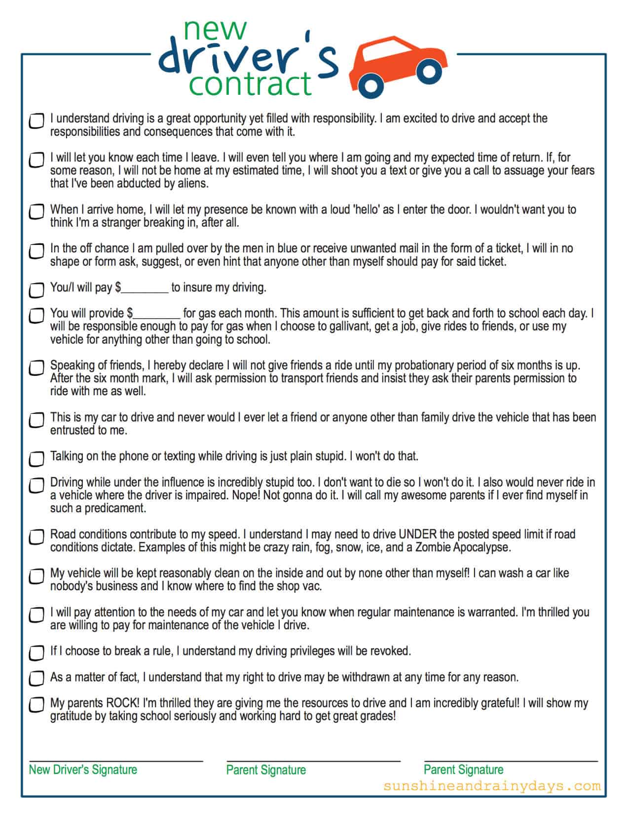 New Driver #39 s Contract Free Printable Sunshine and Rainy Days