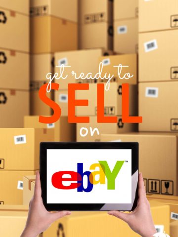 Boxes piled up with the words: Get Ready To Sell On eBay