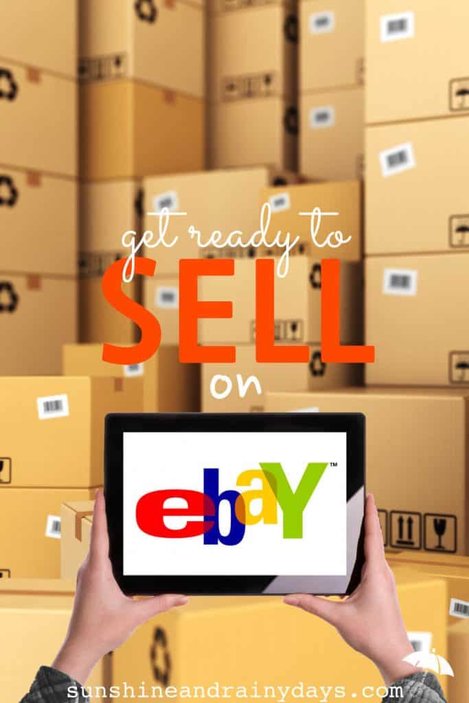 Boxes piled up with the words: Get Ready To Sell On eBay