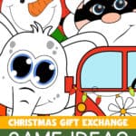 Image of Santa, a white elephant, a snowman, and a VW bus with the words Christmas Gift Exchange Game Ideas.