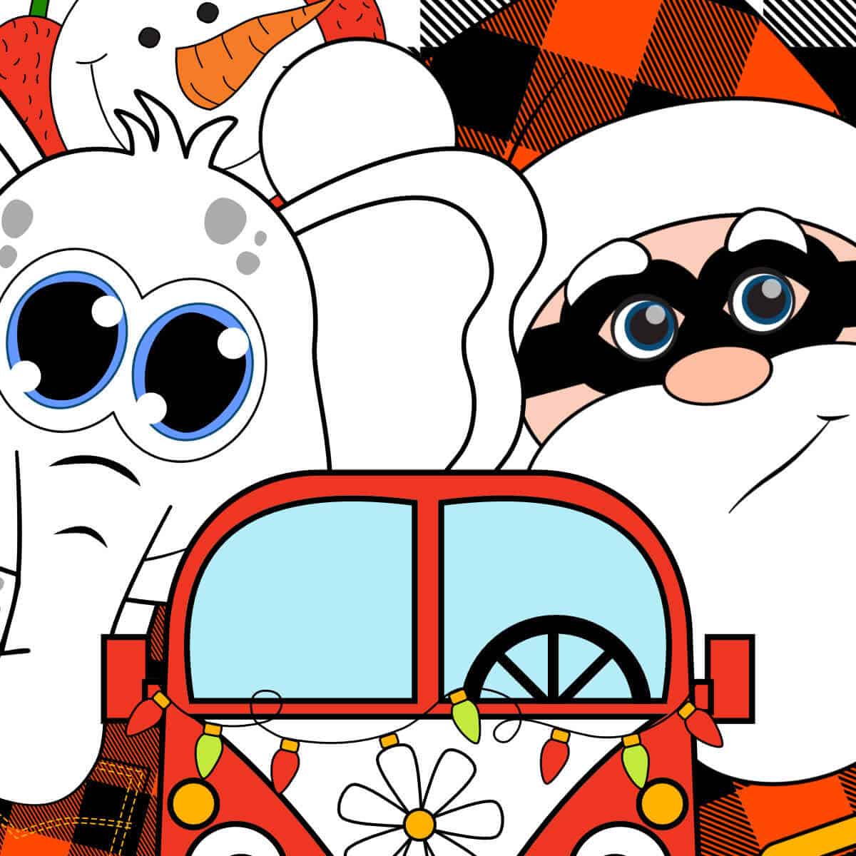 Image of a clipart Santa, white elephant, snowman, and a VW bus.