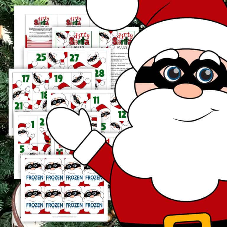 Clipart Santa next to printable pages for a Dirty Santa Gift Exchange.