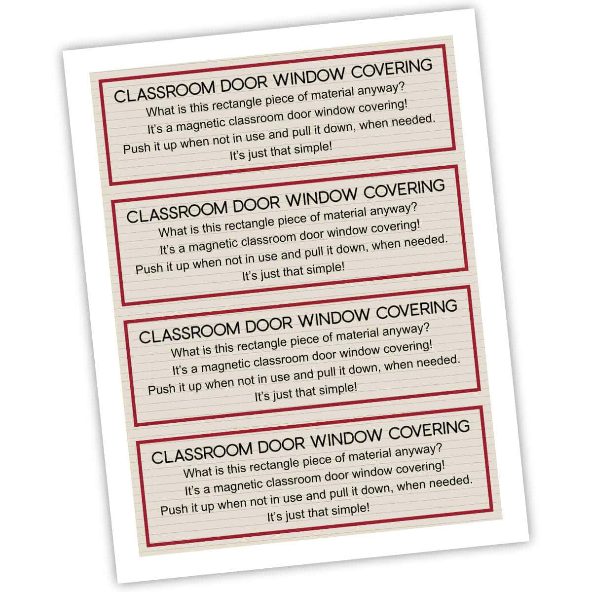 Classroom door window covering printable tag that tells what it's for.