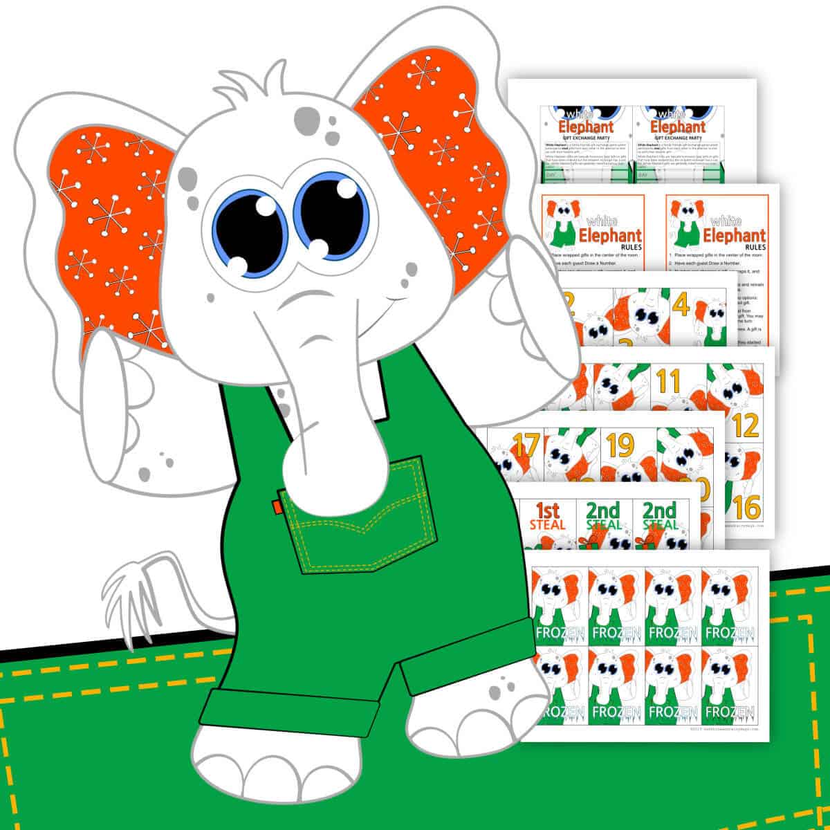 Clipart white elephant wearing green overalls next to printable white elephant number cards.