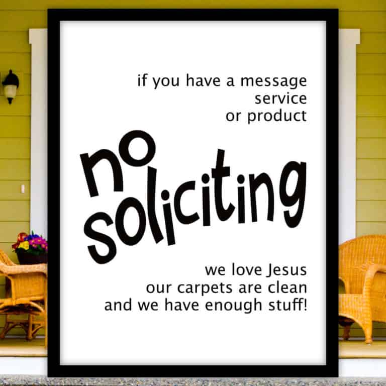 Image of a printable no soliciting sign in front of a house with chairs on the porch.