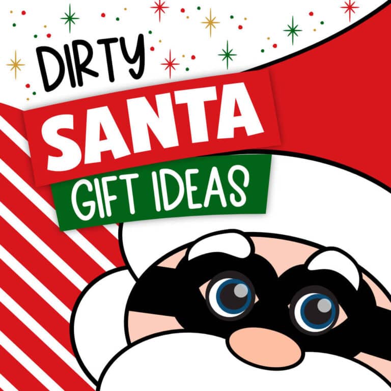 Image of a clipart Santa wearing thief glasses with the words, Dirty Santa Gift Ideas.