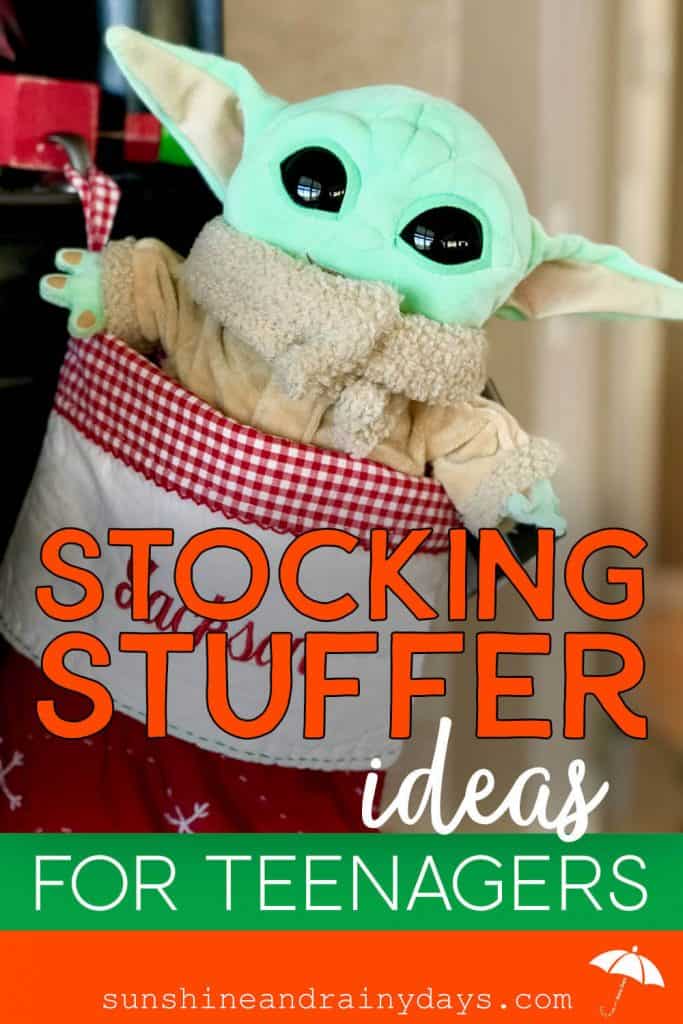 Baby Yoda in a Christmas Stocking with the words: Stocking Stuffer Ideas For Teenagers
