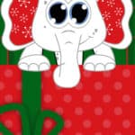 Image of a clipart white elephant with red ears leaning on a Christmas package.