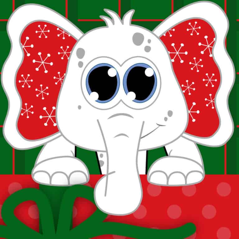 Image of a clipart white elephant leaning over a red gift with a green bow.