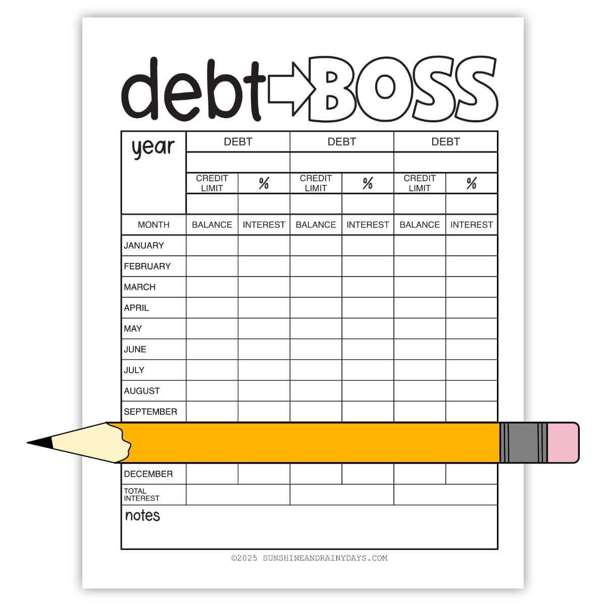 Image of a printable page that says Debt Boss with a clipart pencil in front.