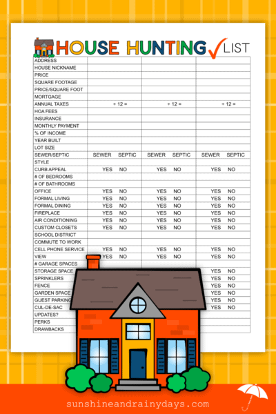 House Hunting Checklist - Sunshine and Rainy Days