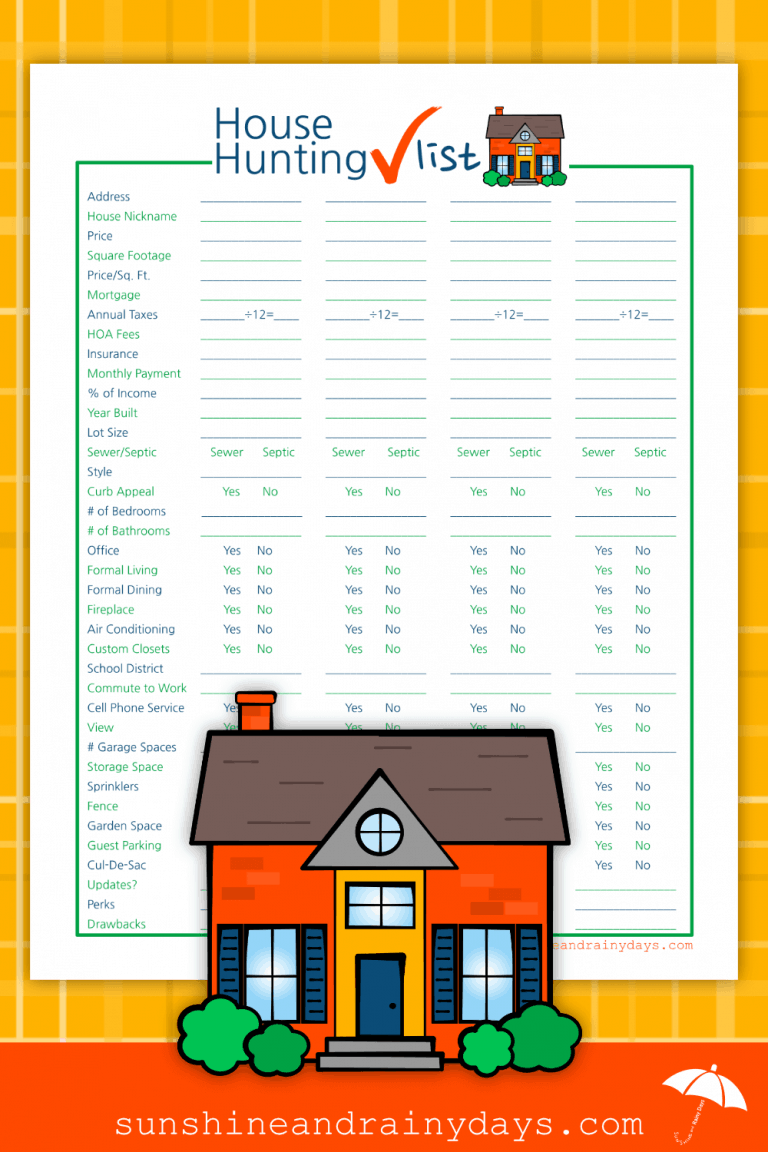 House Hunting Checklist - Sunshine and Rainy Days