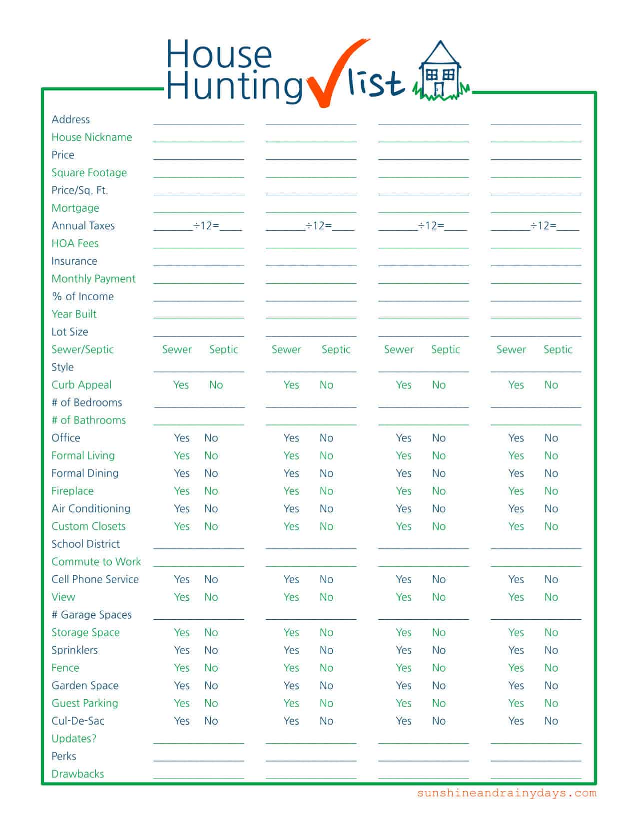 House Hunting Checklist - Sunshine and Rainy Days