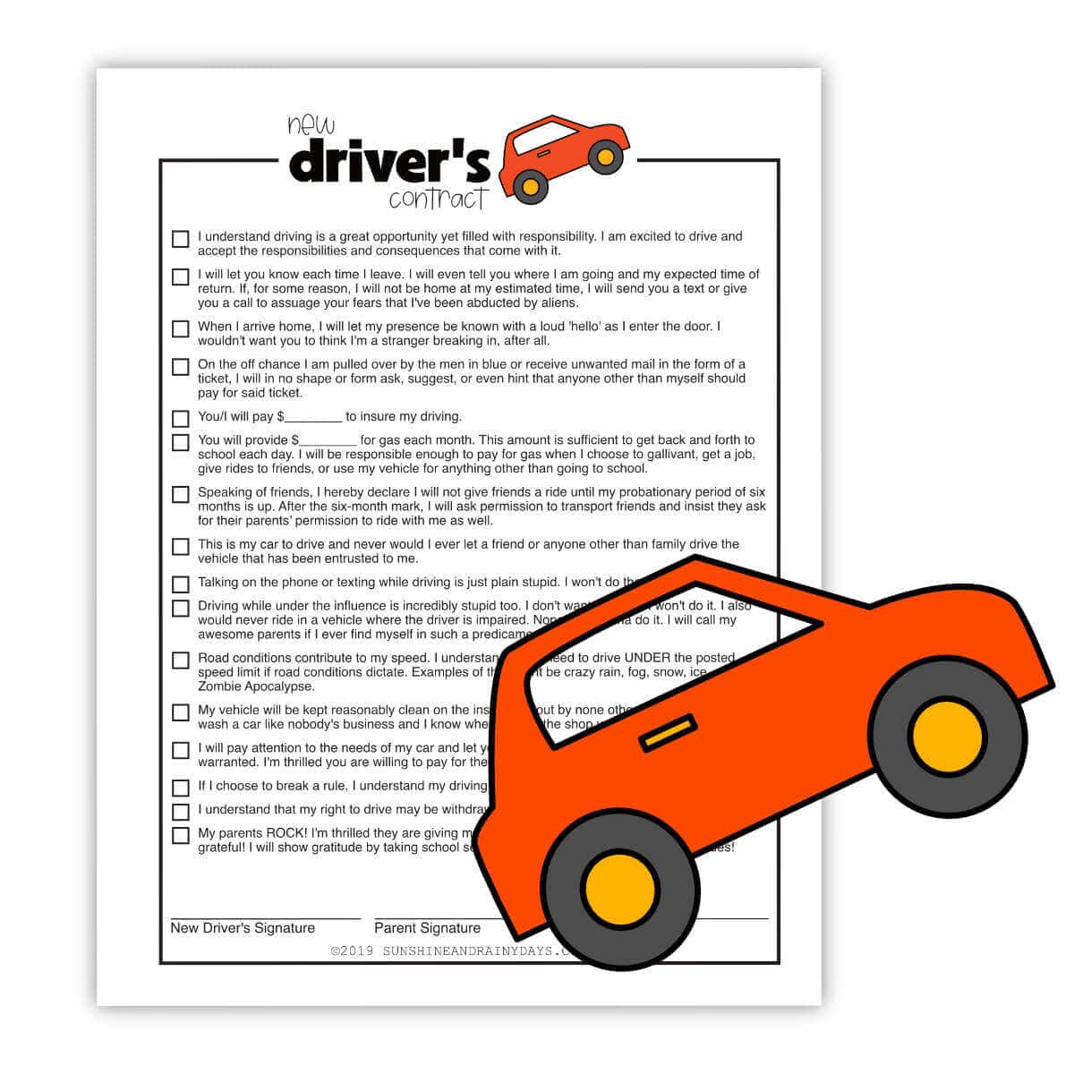 New Driver's Contract printable page.