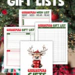 Image of printable Christmas gift lists with a picture of gifts wrapped under a tree behind them.