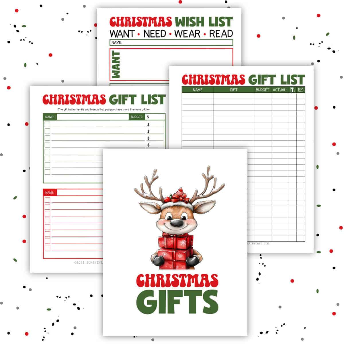 Image of printable Christmas Gift Lists with reindeer clipart.