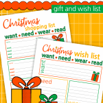Christmas Want, Need, Wear, and Read Gift List Printables