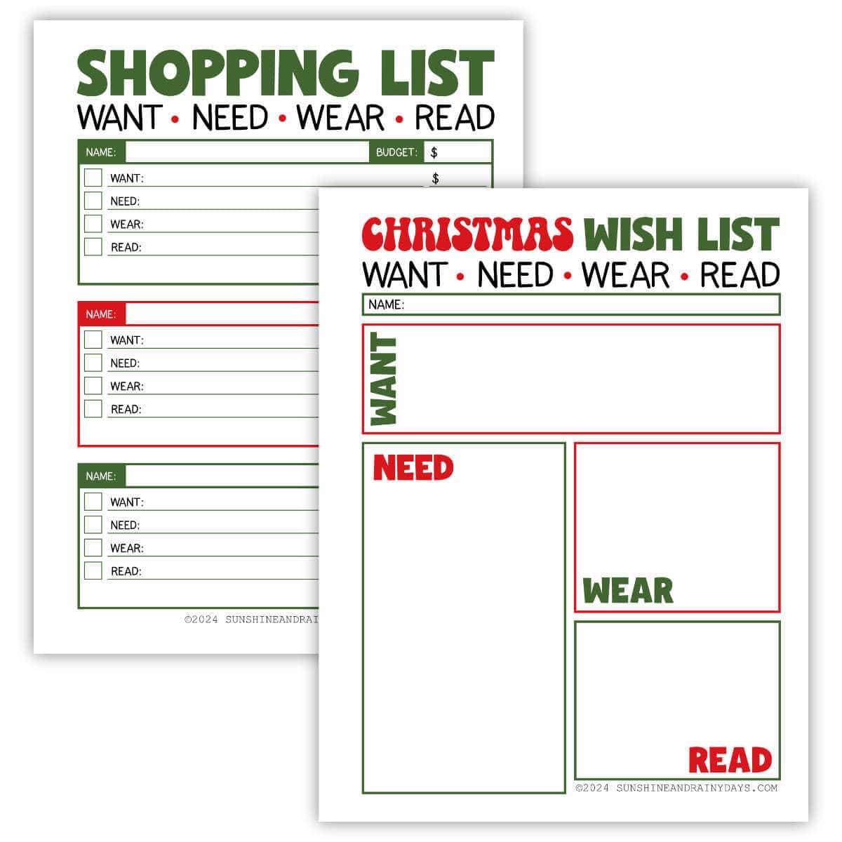 Printable want, need, wear, read Christmas wish list and shopping list.