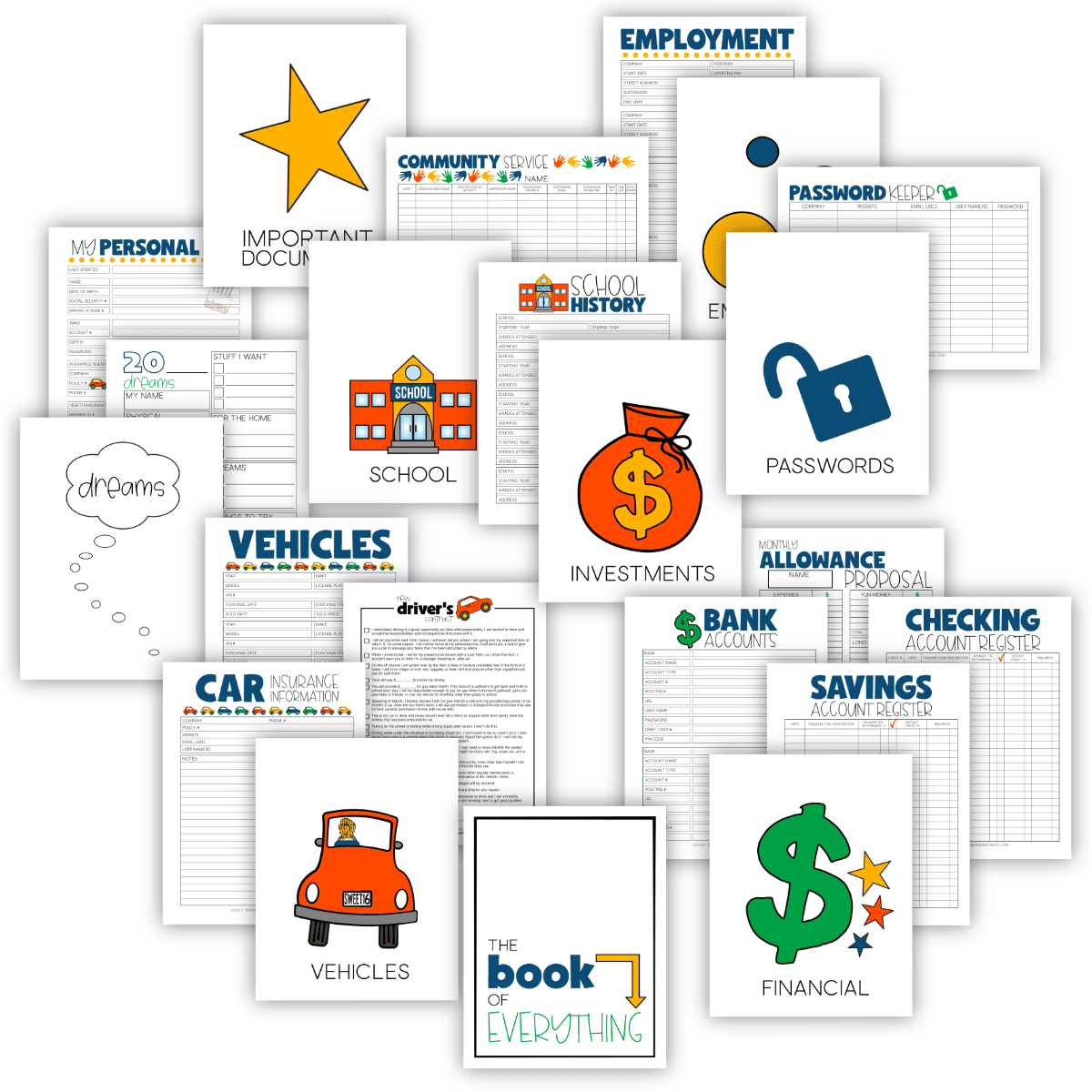 Printable pages for a Big Book Of Everything For Teens.