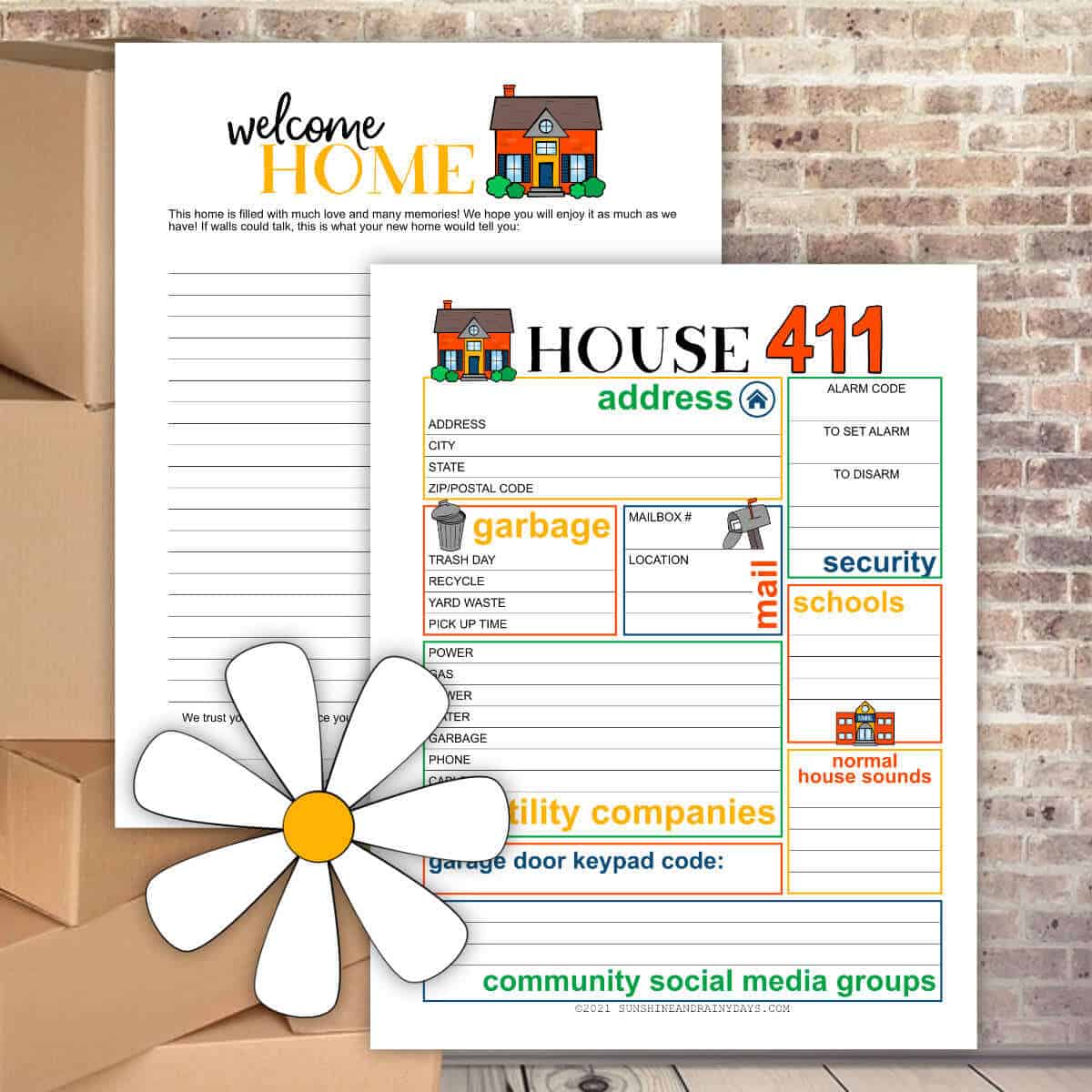 Printable Welcome Home Letter and House Information Sheet on a brick wall background with a clipart daisy.