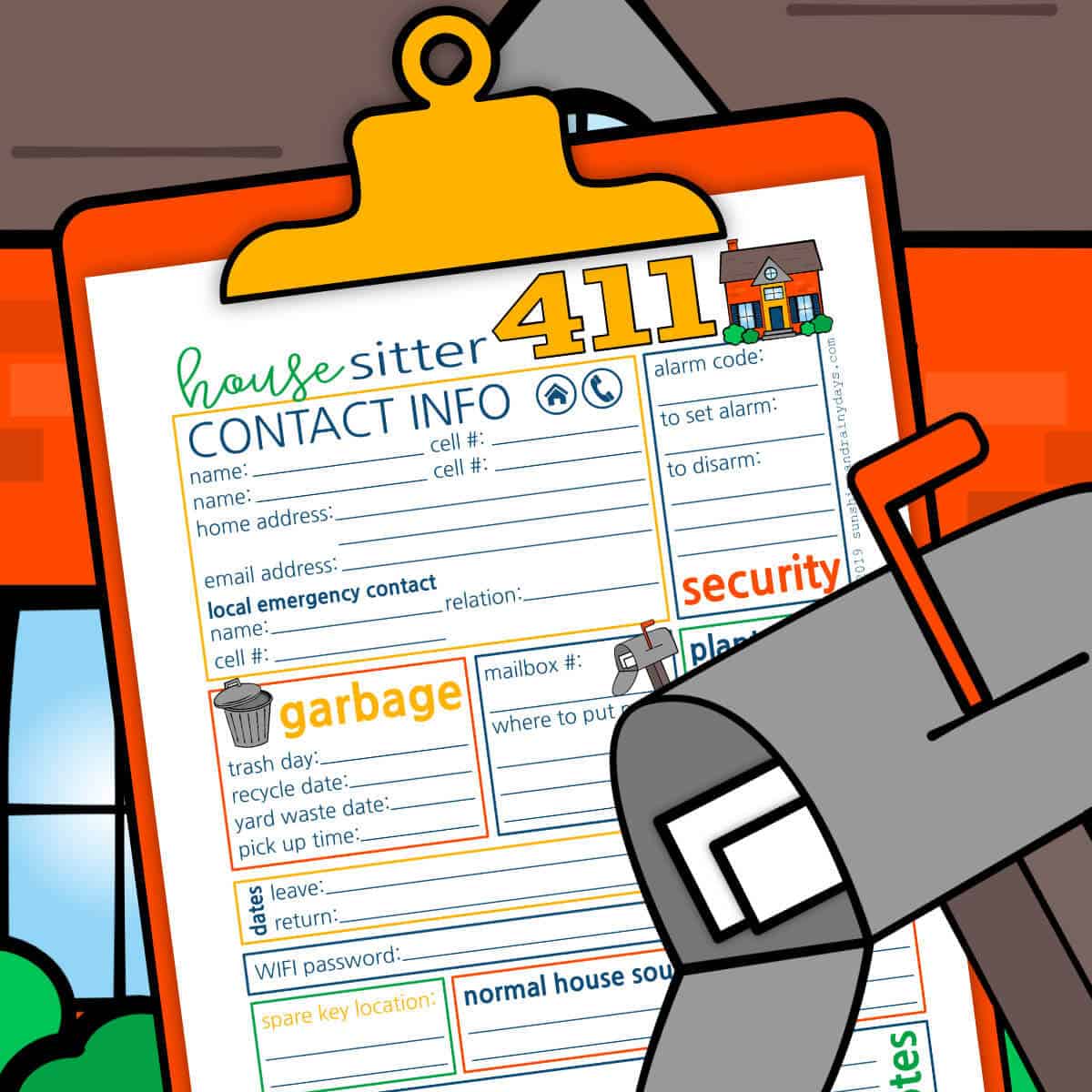 Clipart clipboard with a house sitter information sheet on it in front of a house with a mailbox.