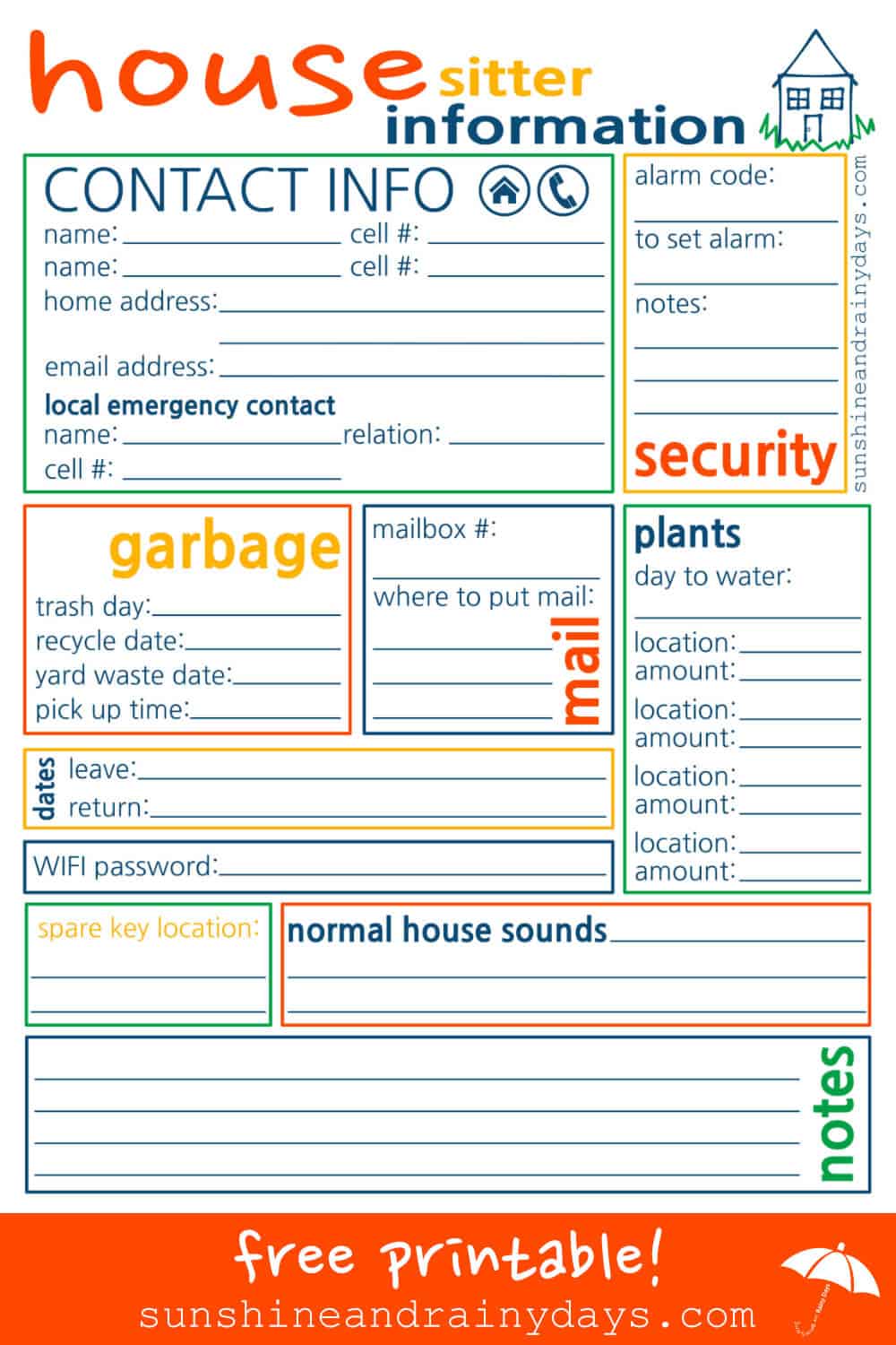 House Sitter Printable Sunshine And Rainy Days