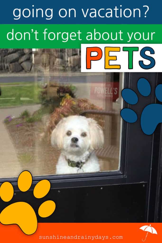 Pet looking out the glass door, thankful that his owners have left a pet sitter printable for his pet sitter.