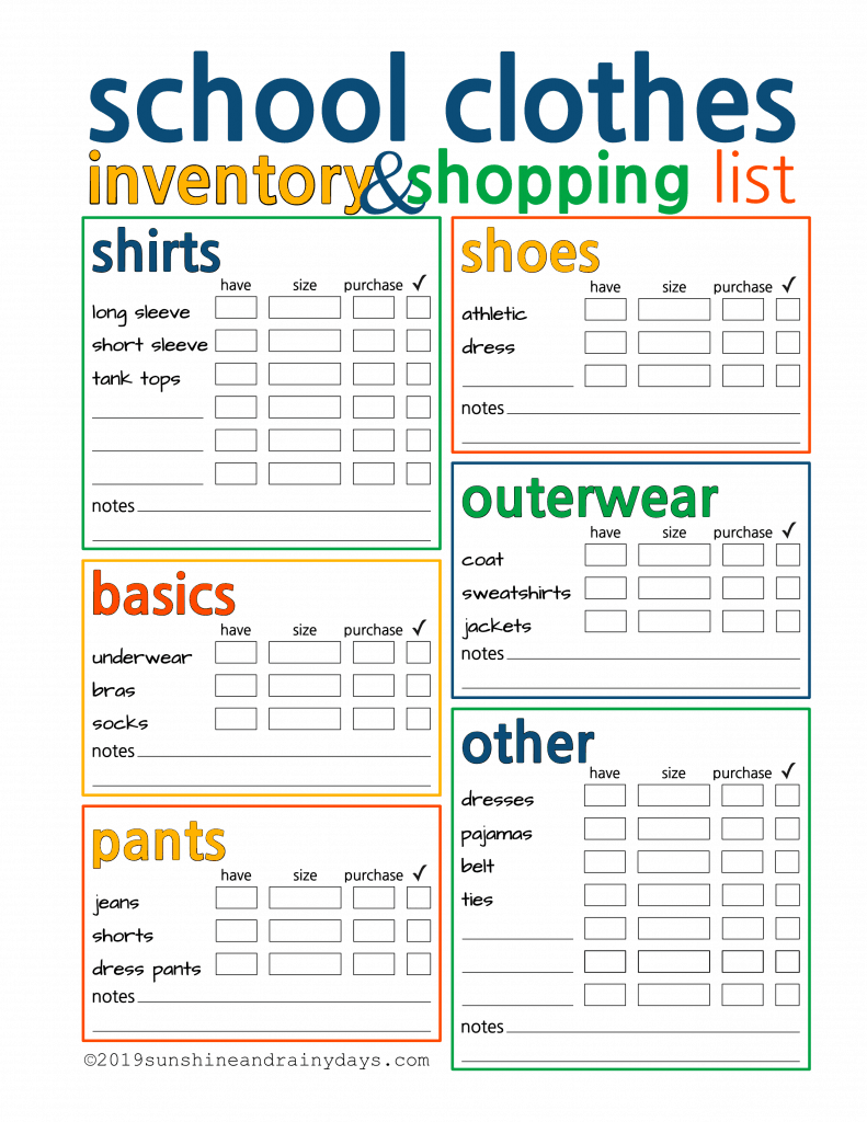 School Clothes Inventory And Shopping List