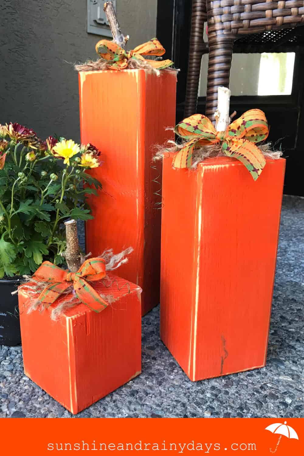 These 4 X 4 Pumpkins have brightened our family room and porch and satisfied my desire for fun fall decorations in our new home!