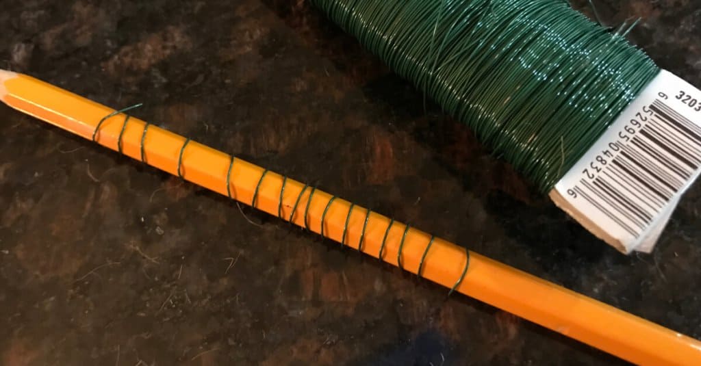 Wrapping wire around a pencil for pumpkin tendrils.