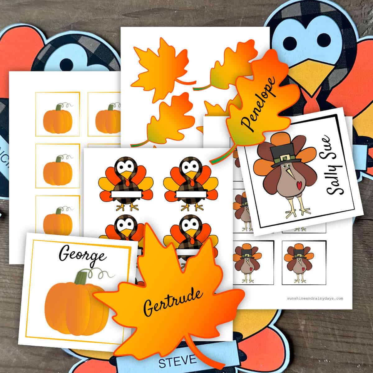 Printable Thanksgiving Place Cards with leaves, turkeys, and pumpkins.