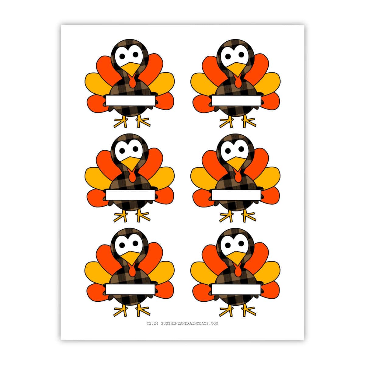 Image of a sheet of paper with six turkeys on it that you can use as place cards for Thanksgiving.