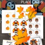 Printable pages of Thanksgiving Place Cards with leaves, pumpkins, and turkeys.