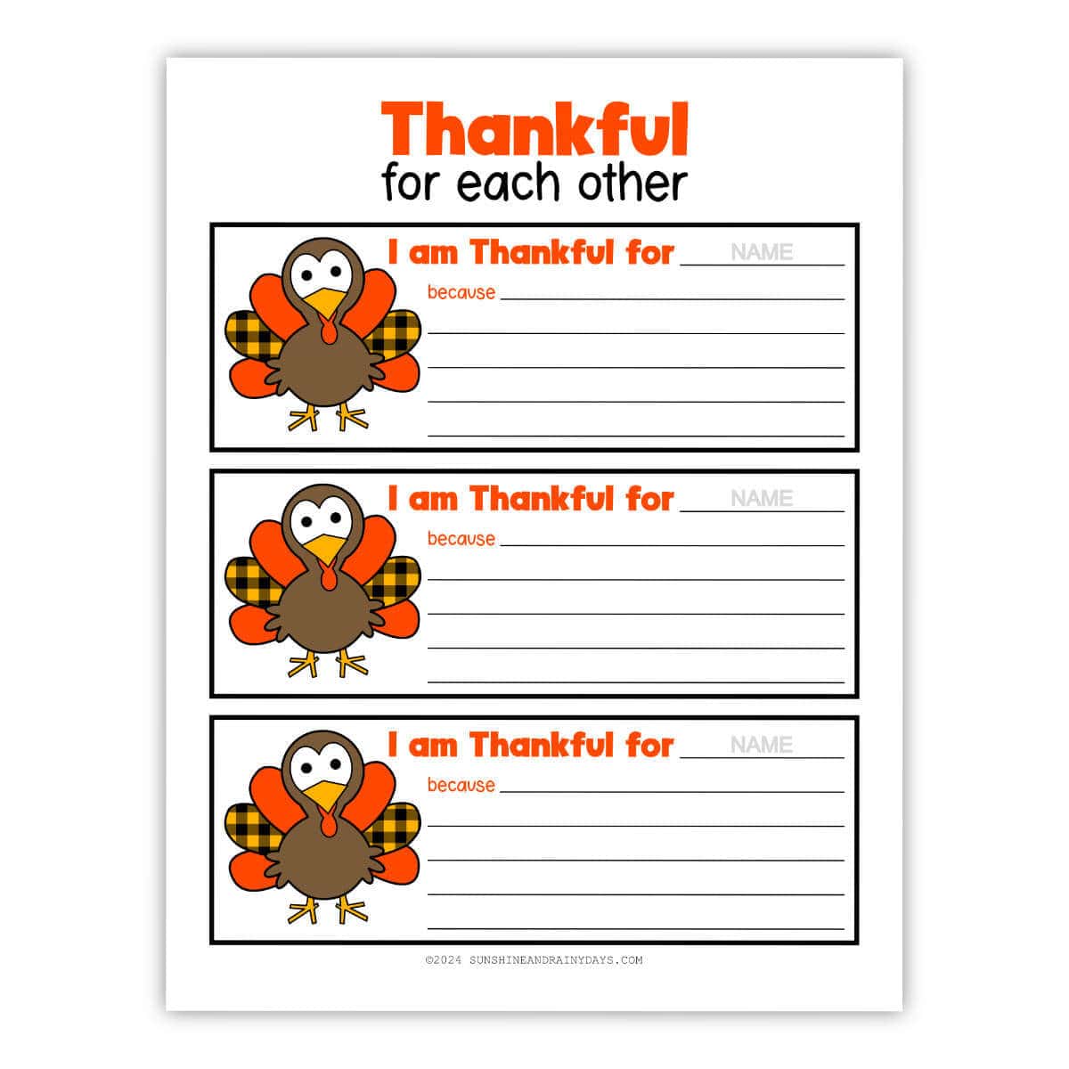 Image of a printable page with Thankful for each others cards.