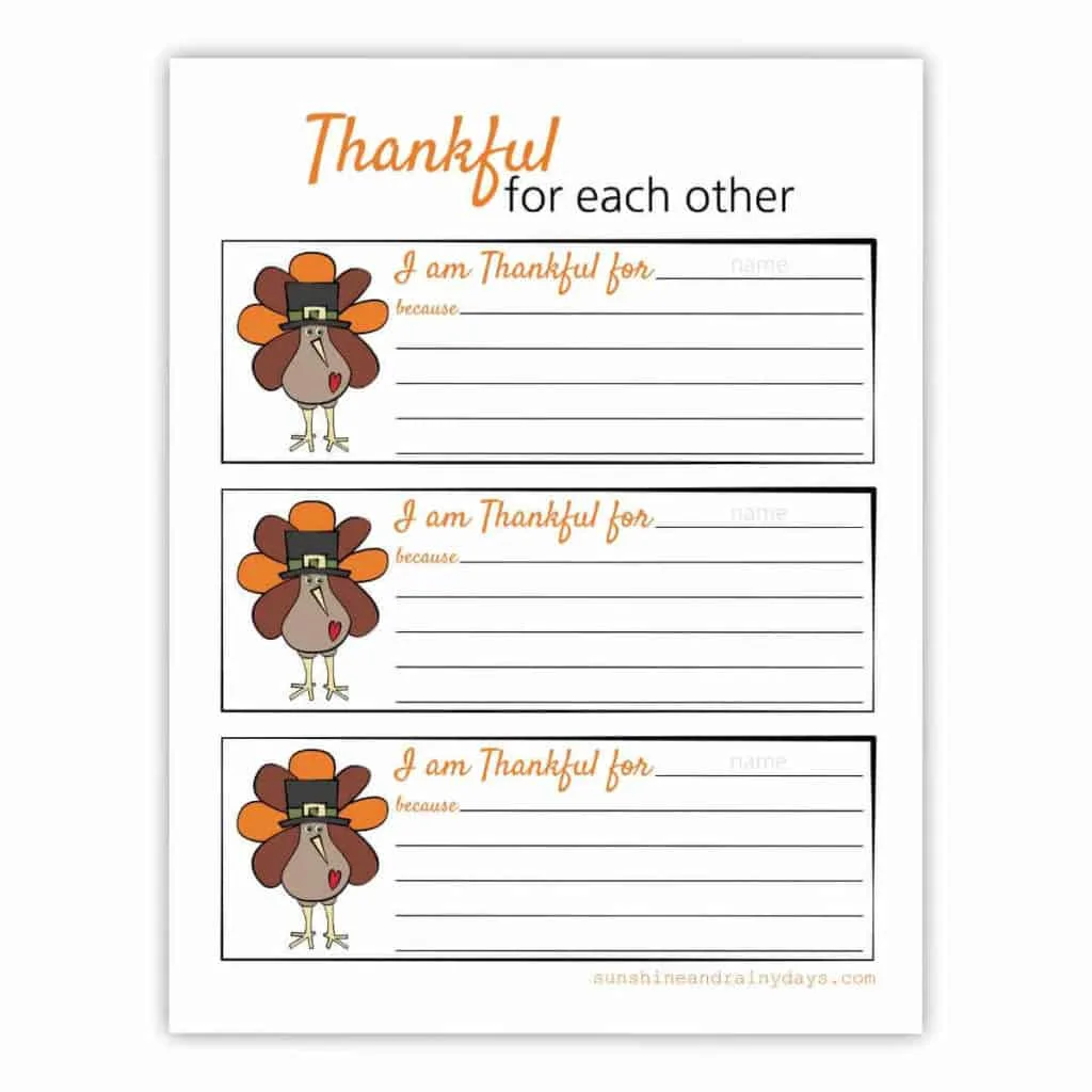 Thankful for each other Thanksgiving printable for family gatherings.