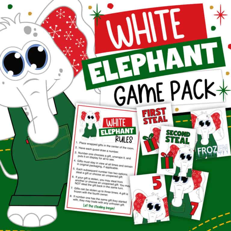 Image of a clipart white elephant wearing green overalls next to printable White Elephant game rules and a few game cards.