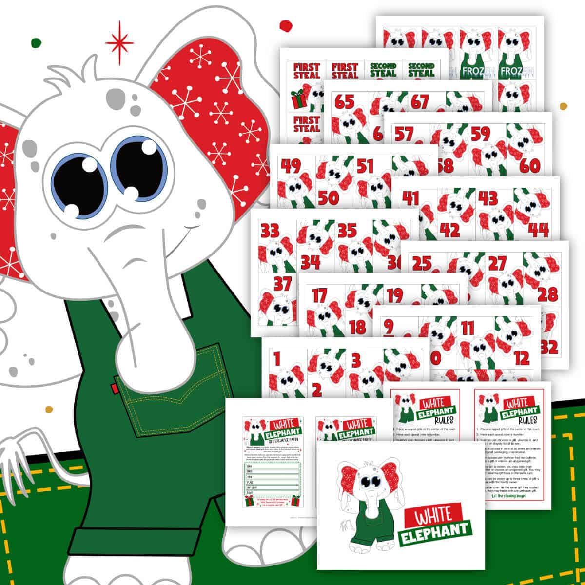 Image of a clipart white elephant wearing green overalls next to printable pages for a White Elephant Gift Exchange game.