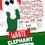 Image of a clipart white elephant wearing green overalls next to printable pages for a White Elephant Gift Exchange Game.