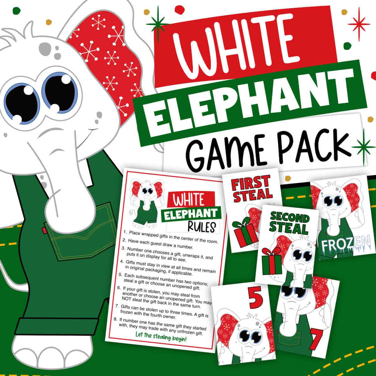 Image of a clipart white elephant wearing green overalls next to printable White Elephant game rules and a few game cards.