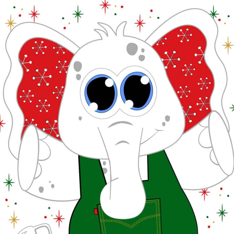Image of a clipart white elephant wearing green overalls.