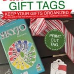 Image of a SKYJO game next to red and white ribbon and a printed gift tag with Santa wearing a thief mask.