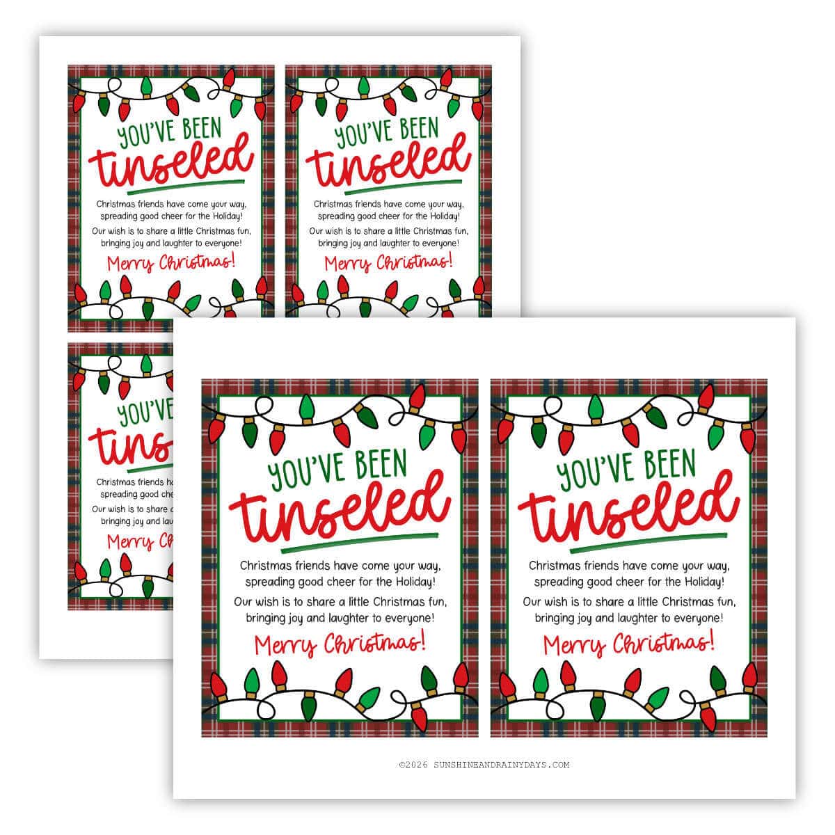 Image of two printable pages with You've Been Tinseled tags in different sizes.