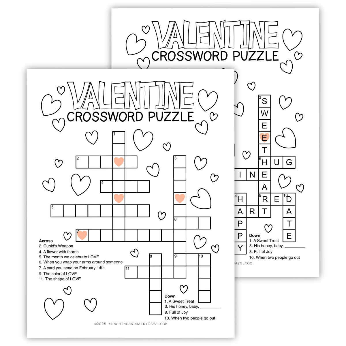 Printable Valentine crossword puzzle with an answer sheet.