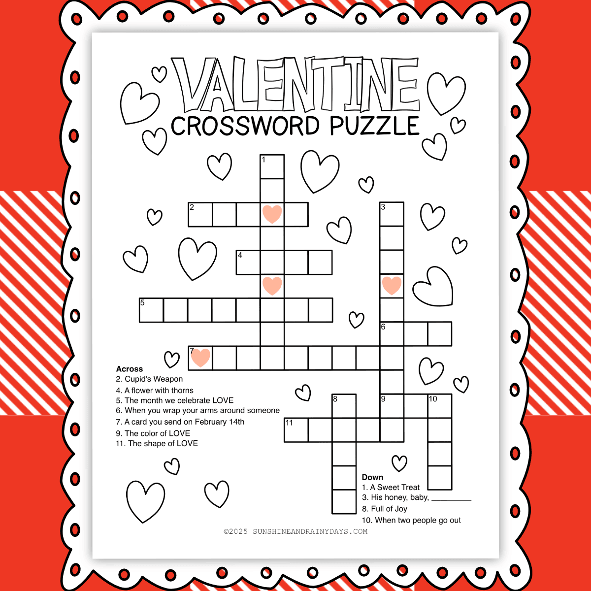 Image of a printable Valentine crossword puzzle on a buffalo plaid background.