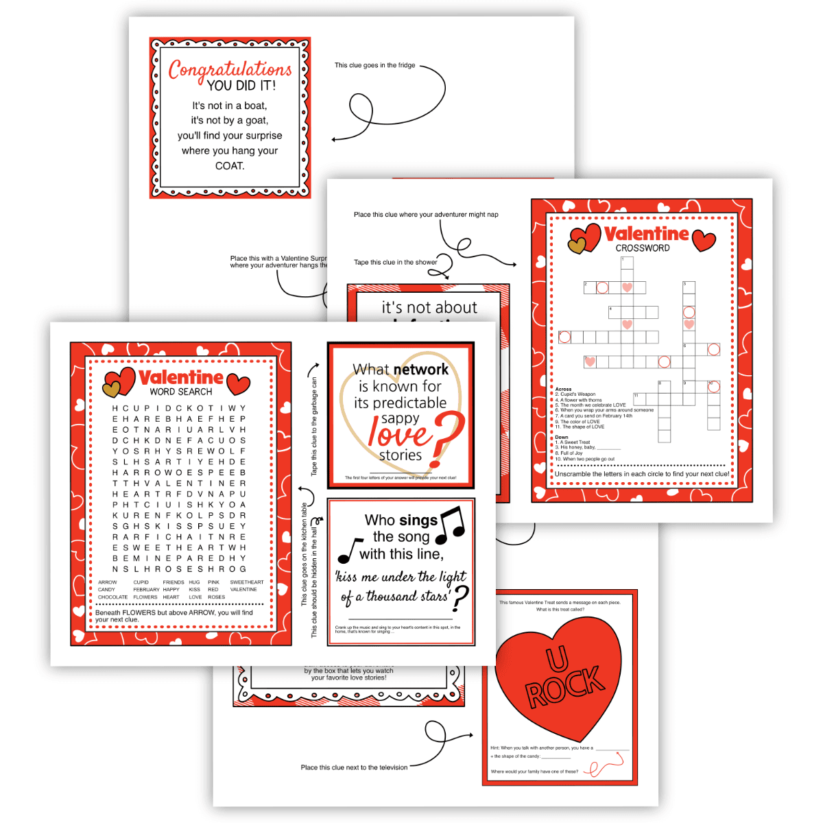 Printable pages with Valentine scavenger hunt clues.