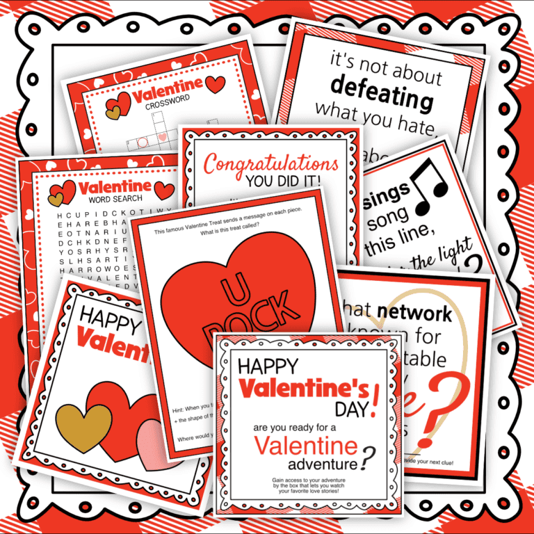 Printable clue cards for a Valentine scavenger hunt for teenagers.