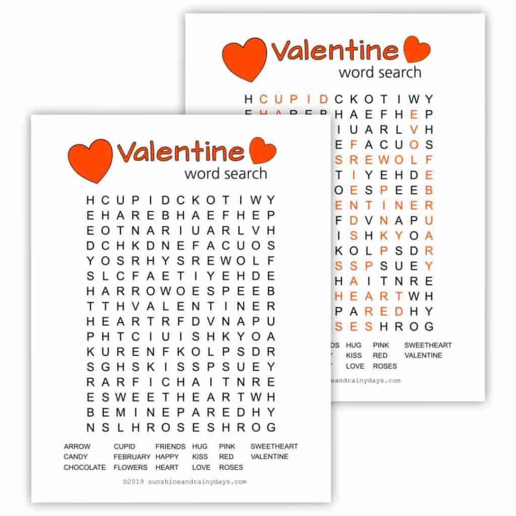Printable Valentine Word Search And Answer Sheet
