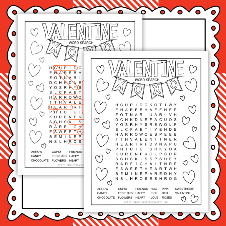 Image of two printable pages of a Valentine Word Search and answer sheet.