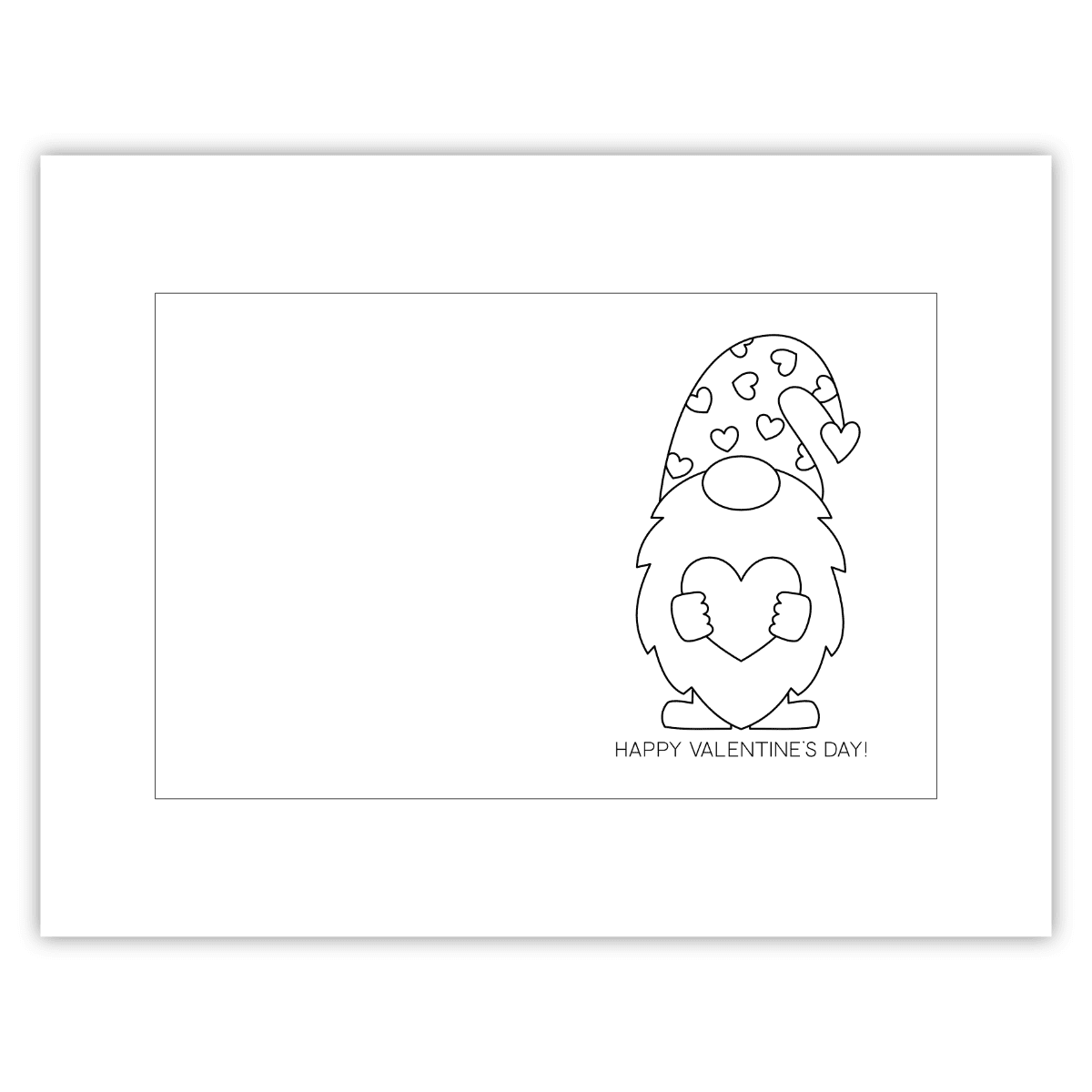 Image of a printable Valentine's Day card to color with a gnome on it.