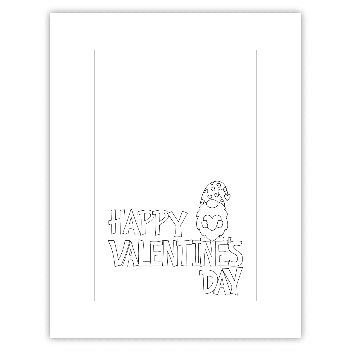 Image of a printable page with the words Happy Valentine's Day and a gnome that can be colored.